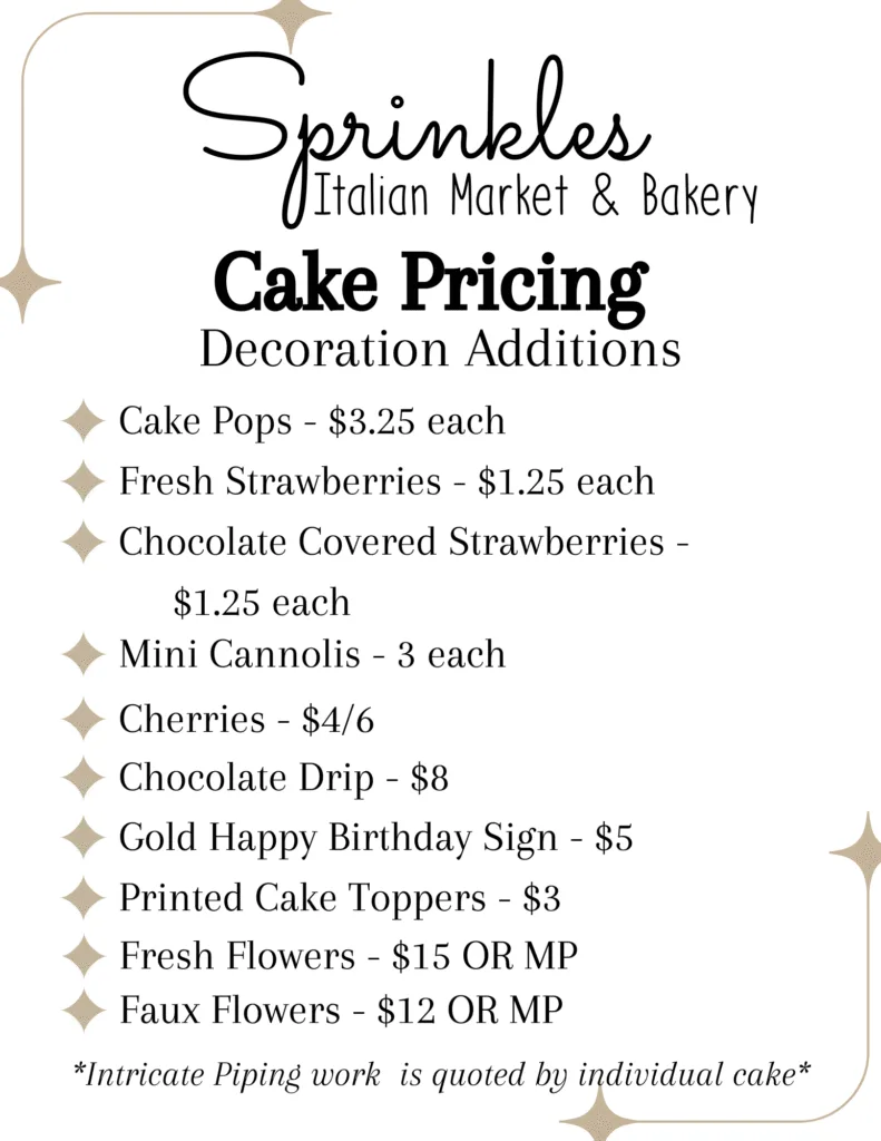 Cake Pricing Menu